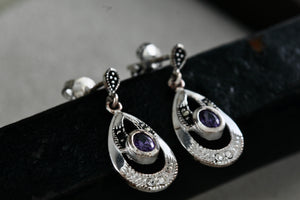 Sterling Silver Oval Purple Amethyst Dangle Rhinestone Marcasite Teardrop Stud Earrings