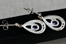 Load image into Gallery viewer, Sterling Silver Oval Purple Amethyst Dangle Rhinestone Marcasite Teardrop Stud Earrings
