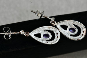 Sterling Silver Oval Purple Amethyst Dangle Rhinestone Marcasite Teardrop Stud Earrings