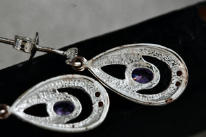 Sterling Silver Oval Purple Amethyst Dangle Rhinestone Marcasite Teardrop Stud Earrings