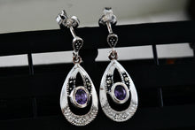 Load image into Gallery viewer, Sterling Silver Oval Purple Amethyst Dangle Rhinestone Marcasite Teardrop Stud Earrings
