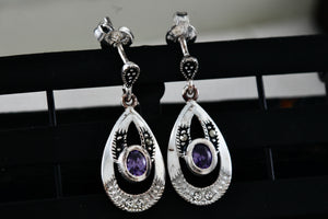 Sterling Silver Oval Purple Amethyst Dangle Rhinestone Marcasite Teardrop Stud Earrings