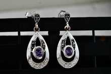 Load image into Gallery viewer, Sterling Silver Oval Purple Amethyst Dangle Rhinestone Marcasite Teardrop Stud Earrings
