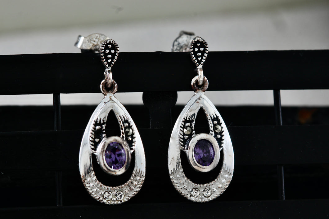 Sterling Silver Oval Purple Amethyst Dangle Rhinestone Marcasite Teardrop Stud Earrings