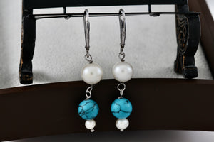 Handmade Sterling Silver Dangle Pearl & Turquoise Bead Ball Dangle Hook Earrings