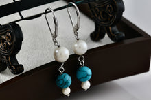 Load image into Gallery viewer, Handmade Sterling Silver Dangle Pearl &amp; Turquoise Bead Ball Dangle Hook Earrings
