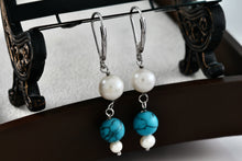 Load image into Gallery viewer, Handmade Sterling Silver Dangle Pearl &amp; Turquoise Bead Ball Dangle Hook Earrings
