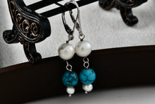 Load image into Gallery viewer, Handmade Sterling Silver Dangle Pearl &amp; Turquoise Bead Ball Dangle Hook Earrings
