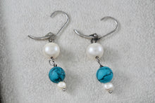 Load image into Gallery viewer, Handmade Sterling Silver Dangle Pearl &amp; Turquoise Bead Ball Dangle Hook Earrings
