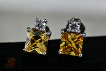 Load image into Gallery viewer, FAS Sterling Silver Square Citrine Gemstone CZ Diamond Stud Earrings
