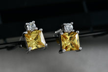 Load image into Gallery viewer, FAS Sterling Silver Square Citrine Gemstone CZ Diamond Stud Earrings
