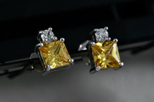 FAS Sterling Silver Square Citrine Gemstone CZ Diamond Stud Earrings