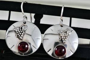 Vintage Sterling Silver Red Rubellite Stone Grapevine Disc Dangle Hook Earrings