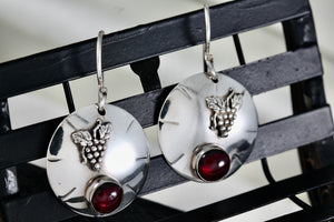 Vintage Sterling Silver Red Rubellite Stone Grapevine Disc Dangle Hook Earrings