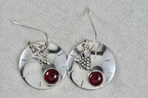 Vintage Sterling Silver Red Rubellite Stone Grapevine Disc Dangle Hook Earrings