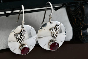 Vintage Sterling Silver Red Rubellite Stone Grapevine Disc Dangle Hook Earrings