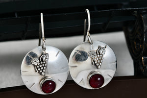 Vintage Sterling Silver Red Rubellite Stone Grapevine Disc Dangle Hook Earrings