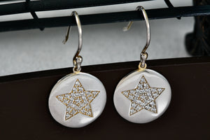 Sterling Silver CZ Stone Pave Star Disc Hook Earrings