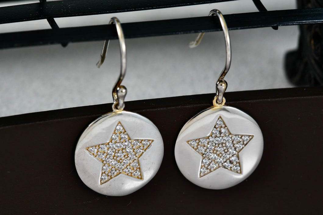 Sterling Silver CZ Stone Pave Star Disc Hook Earrings