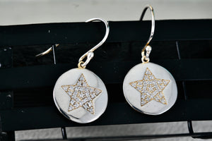 Sterling Silver CZ Stone Pave Star Disc Hook Earrings