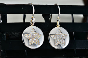 Sterling Silver CZ Stone Pave Star Disc Hook Earrings