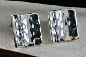 Vintage Sterling Silver Mexico Hammered Concave Square Stud Earrings Signed & KN