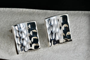 Vintage Sterling Silver Mexico Hammered Concave Square Stud Earrings Signed & KN