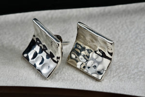 Vintage Sterling Silver Mexico Hammered Concave Square Stud Earrings Signed & KN