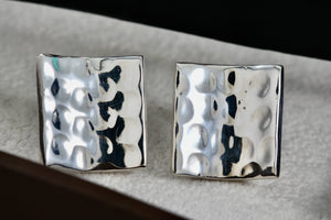 Vintage Sterling Silver Mexico Hammered Concave Square Stud Earrings Signed & KN