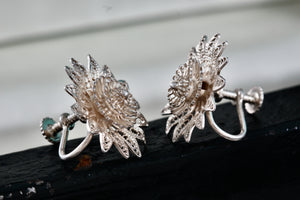 Vintage Silver Filigree Flower Burst Screw-back Clip-On Earrings