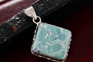 Sterling Silver Turquoise Color Stone Diamond Square Shape Handmade Pendant