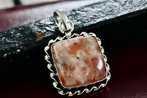 Sterling Silver Pink Rhodonite Square Handmade Pendant