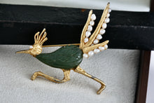 Load image into Gallery viewer, Swoboda Road Runner Bird Pearl Jade Gold Tone Brooch Pin
