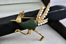 Load image into Gallery viewer, Swoboda Road Runner Bird Pearl Jade Gold Tone Brooch Pin
