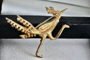 Swoboda Road Runner Bird Pearl Jade Gold Tone Brooch Pin