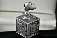 Load image into Gallery viewer, Hallmark Peanuts 5 Decades of Snoopy Cube Pewter Commemorative Figurine
