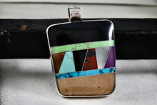 Load image into Gallery viewer, Native American Reversible Multi Gemstone &amp; Malachite Inlay Large Square Silver Pendant
