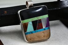 Load image into Gallery viewer, Native American Reversible Multi Gemstone &amp; Malachite Inlay Large Square Silver Pendant
