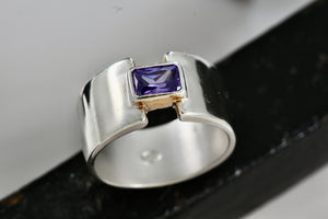 Rectangle Cut Purple Amethyst High Quality Sterling Silver Wide Ring Size 7