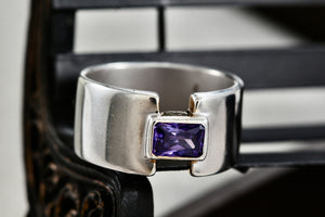 Rectangle Cut Purple Amethyst High Quality Sterling Silver Wide Ring Size 7