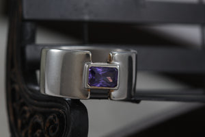 Rectangle Cut Purple Amethyst High Quality Sterling Silver Wide Ring Size 7