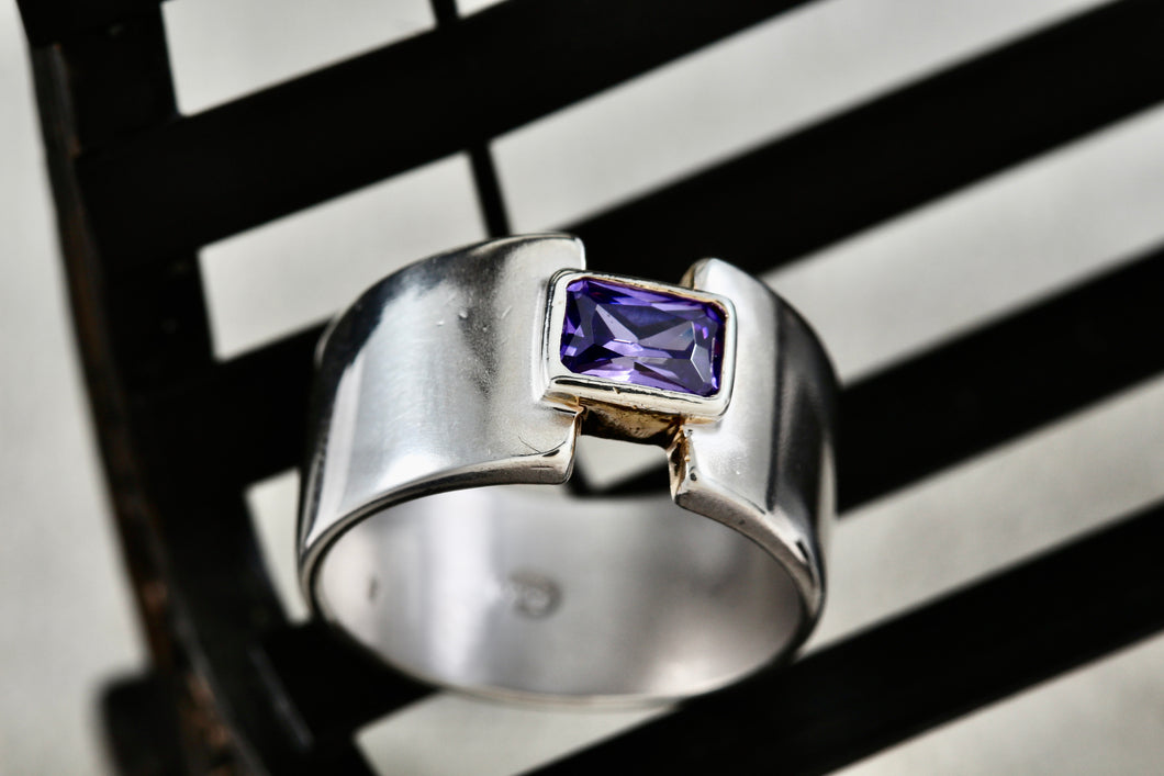 Rectangle Cut Purple Amethyst High Quality Sterling Silver Wide Ring Size 7