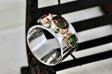 Load image into Gallery viewer, Great Falls Metal Works Silver &amp; Gold Multi Gemstone Wide Band Ring Size 8.5
