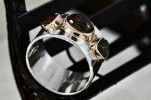 Load image into Gallery viewer, Great Falls Metal Works Silver &amp; Gold Multi Gemstone Wide Band Ring Size 8.5
