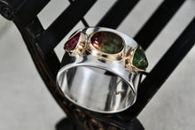 Load image into Gallery viewer, Great Falls Metal Works Silver &amp; Gold Multi Gemstone Wide Band Ring Size 8.5
