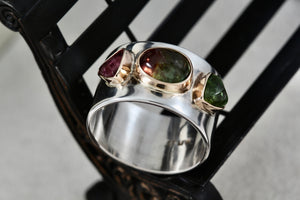 Great Falls Metal Works Silver & Gold Multi Gemstone Wide Band Ring Size 8.5