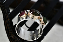 Load image into Gallery viewer, Great Falls Metal Works Silver &amp; Gold Multi Gemstone Wide Band Ring Size 8.5
