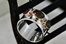 Load image into Gallery viewer, Great Falls Metal Works Silver &amp; Gold Multi Gemstone Wide Band Ring Size 8.5
