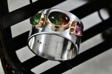 Load image into Gallery viewer, Great Falls Metal Works Silver &amp; Gold Multi Gemstone Wide Band Ring Size 8.5
