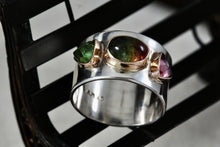 Load image into Gallery viewer, Great Falls Metal Works Silver &amp; Gold Multi Gemstone Wide Band Ring Size 8.5
